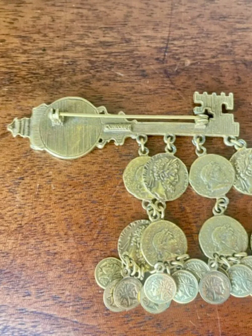 Vintage Rare Corocraft Gold Tone Faux Ancient Coin Dangle Key Statement Brooch